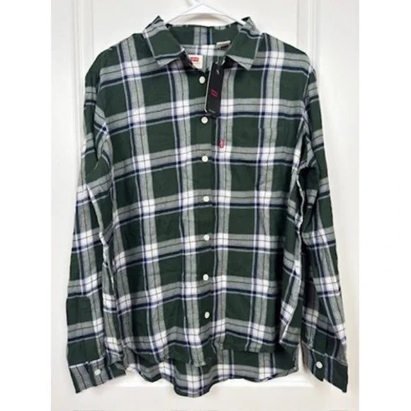 Levi's Relaxed Fit Harriet Plaid Flannel Shirt Green Large New With Tags - Picture 3 of 9